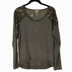 Mudd Striped/Floral Sheer Sleeve Long-Sleeve Top